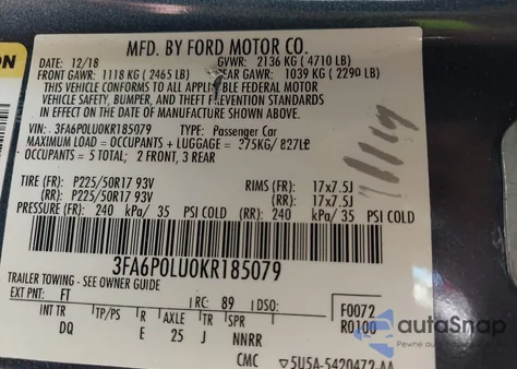 2019 Ford Fusion Hybrid Se z USA, uszkodzony, nr VIN 3FA6P0LU0KR185079